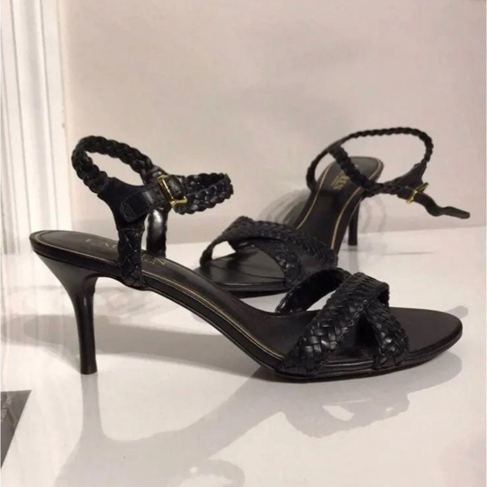 Ralph Lauren Ranell Braided Woven Leather Coastal kitten heels party sandals 9